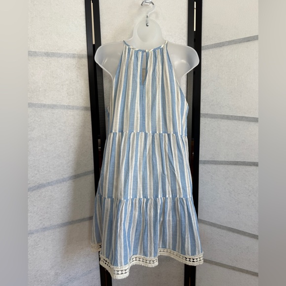 Maggy London Halter Sundress ~ Vertical Stripes ~ Cotton Tiered ~ Fringe  Size 8 - Picture 2 of 9